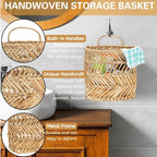 YOUEON Large Woven Hanging Storage Basket, 12x5x14 Inch Natural Water Hyacinth Wall Basket with Sturdy Iron Frame, Handwoven Front Door Flower Baskets for Home Garden, Boho Decor