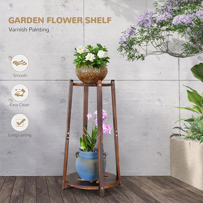 2 Tier Round Plants Stand Pedestal Indoor ,Wood Single Plant Shelf Corner,12 Inch Plant Pot Holder Rack ,Tall Flower Stands Shelves for Living Room Patio Balcony Outdoor,Rustic,Walnut