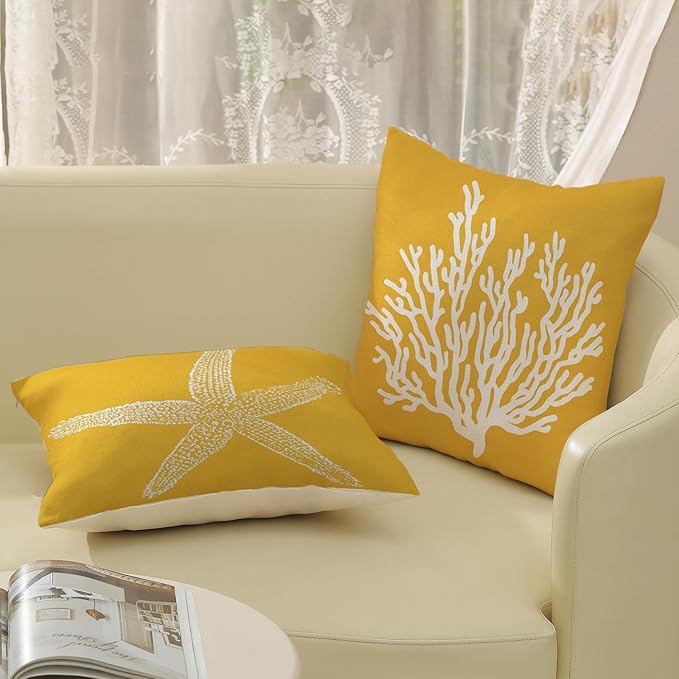 Coastal Pillow Covers 16x16 Set of 2 Yellow Coral Starfish Throw Pillows Nautical Ocean Decorations Summer Linen Beach Pillowcase Outdoor Decor Yellow Farmhouse Cushion Case for Home Bedroom