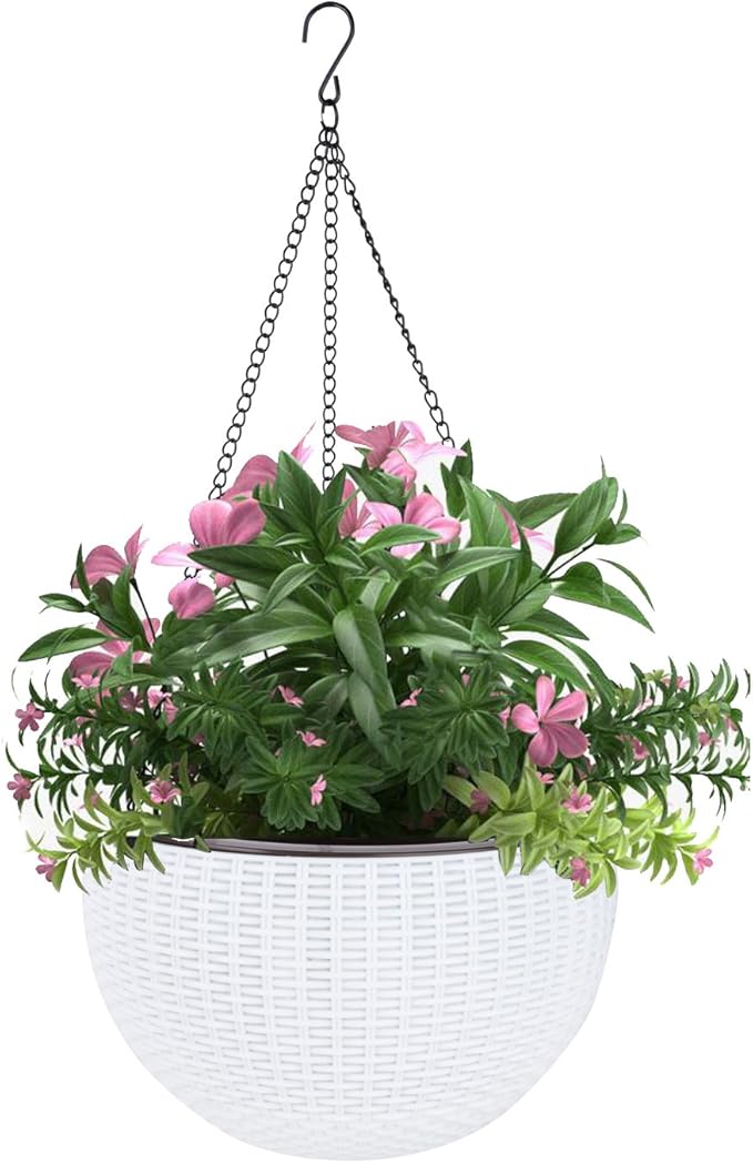 Vencer 11 Inch Round Resin Self Watering Hanging Basket,Water Indicator,Modern Decorative Planter Pot for All House Plants,White,VF-050
