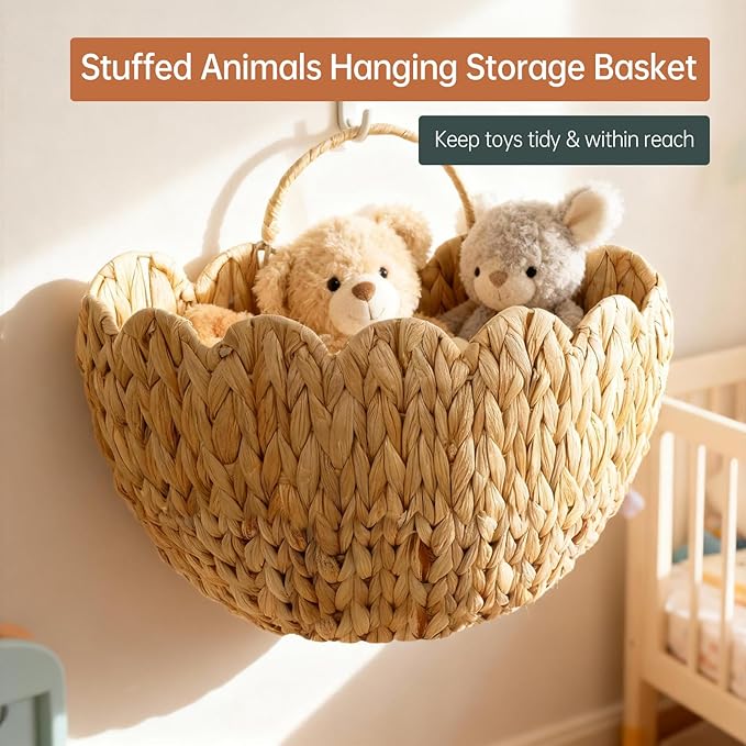 Wicker Hanging Basket,Scalloped Wall Basket for Organizing & Decor,Woven Water Hyacinth Hanging Wall Baskets for Flower,Mail,Stuffed Animals,Hanging Storage Baskets for Wall,Door,Nursery