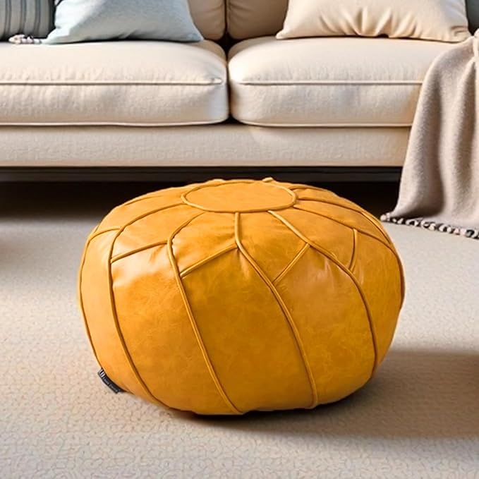 Louis Donné Moroccan Pouf Cover Unstuffed Waterproof Faux Leather Ottoman Foot Rest, Round Storage Bean Bag Chair for Stuffed Animals, Boho Floor Cushion for Living Room Patio, (Yellow)