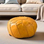 Louis Donné Moroccan Pouf Cover Unstuffed Waterproof Faux Leather Ottoman Foot Rest, Round Storage Bean Bag Chair for Stuffed Animals, Boho Floor Cushion for Living Room Patio, (Yellow)