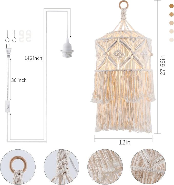 Boho Plug in Pendant Light, Hanging Light with Plug in Cord, Hanging Lamp with Handmade Macrame Lamp Shade, Boho Plug in Hanging Light Fixtures for Living Room Bedroom Decor