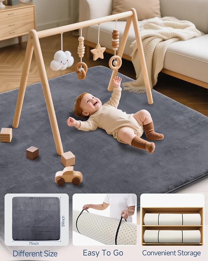 Thick Baby Play Mat for Floor,59 x 71 Playpen Mat,Large Tummy Time Foam Mats,Soft Support & Plush Feel Nursery Rug,Easy Care with Non-Slip Cushioned for Infant,Kids and Toddler Crawling,Dark Grey