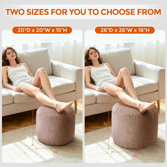 Pouf Ottoman Foot Rest, Comfortable & Soft, Round Footstool for Living Room, Bedroom, Office, Room Decoration, Corduroy Foot Stool Pouf with Odorless & Anti-Clump Filling, Large Brown