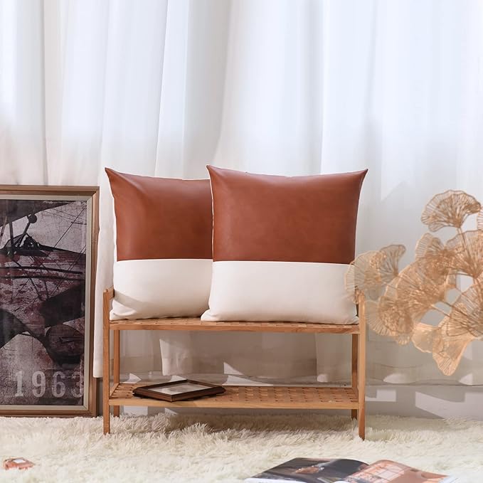 Tosewever Faux Leather/Cotton Throw Pillow Covers, Set of 2 Modern Country Farmhouse Decorative Luxury Boho Pillowcases for Bedroom Living Room Couch Bed Sofa Home Decor (Brown/White, 18" x 18")