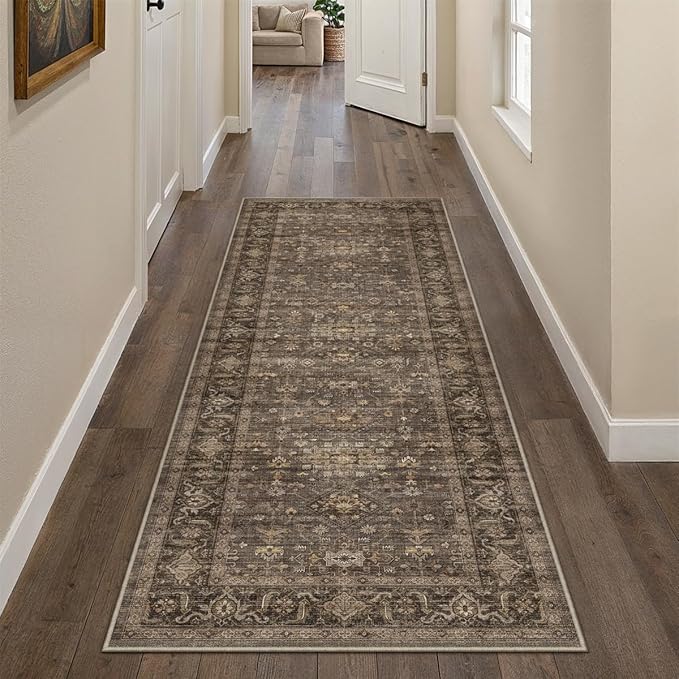 2x5 Washable Runner Rug for Hallway Kitchen Vintage Brown Non Slip Low Pile Carpet Traditional Retro Soft Throw Rug for Bathroom Bedroom Entryway Indoor Entrance