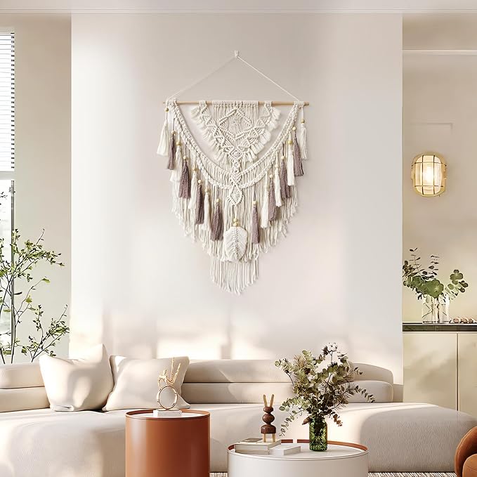 Macrame Wall Hanging, Woven Tapestry Beige & Dusty Rose Handmade Craft Macrame Wall Decor, Gallery & Nursery, Size 37.4” Lx27.5” W