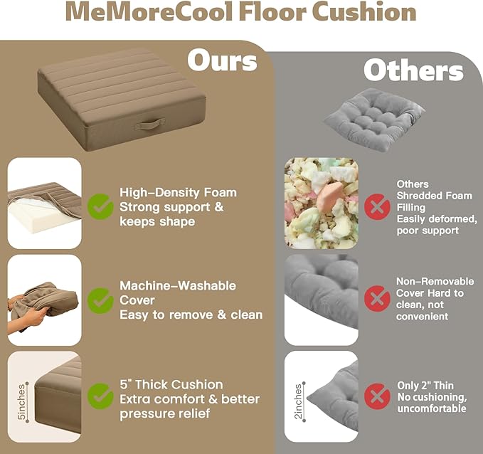 MeMoreCool Square Floor Pillows for Adults Kids, 2 Sets Large Meditation Cushion with 5" Thick Foam and Washable Tufted Cover, 22 Inch Coffee Seat Floor Cushions for Sitting and Yoga