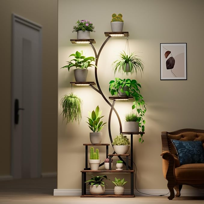 Plant Stand Indoor with Grow Lights 9 Tiered Wood Indoor Plant Shelf 62" Tall Plant Stand Metal Frame for Indoor Plants Multiple Flower Pot Holder, Large Plant Rack for Living Room Patio Corner