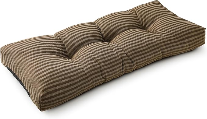SUNROX LokGrip Non Slip Tufted Memory Foam Bench Cushion, FadeShield Water Resistant Durable Thicken Outdoor/Indoor Bench Seat Pads 36x14x4 inch, Cocoa Stripe
