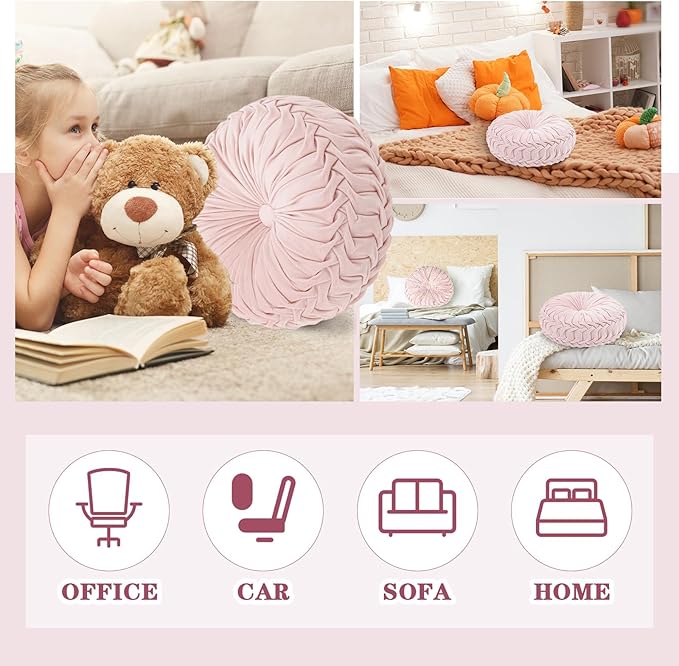 Round Throw Pillows Decorative Pleated Throw Pillows 15'' Diameter Accent Pumpkin Boho Chair Cushion for Couch Sofa Home Decoration(Pink,1 Pcs)