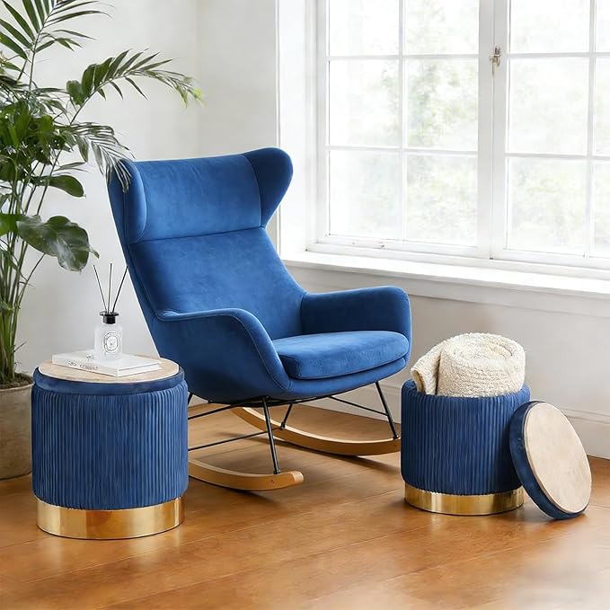 Blue Round Ottoman with Storage Set of 2 Upholstered Velvet Vanity Stool for Living Room Storage Ottomans Multifunctional Foot Rest