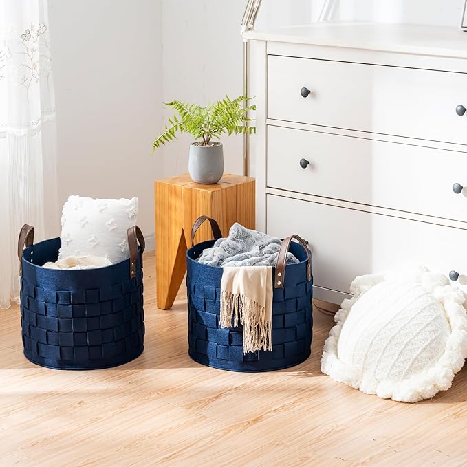 BOLDMONKEY Blankets Basket 15" x15 " x13 " 2 Pack, Felt Storage Baskets for Organizing Round, Living Room Dog Toy Bin for Dirty Clothes, Pillows, Towel-Navy Blue