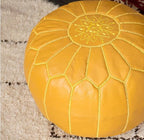 Stuffed Round Design Moroccan Leather Pouf Ottoman, Handmade, Pre-Filled, 100% Genuine Leather, 13” Height x 20” Diameter, Footstool & Living Room Décor (Mustard)