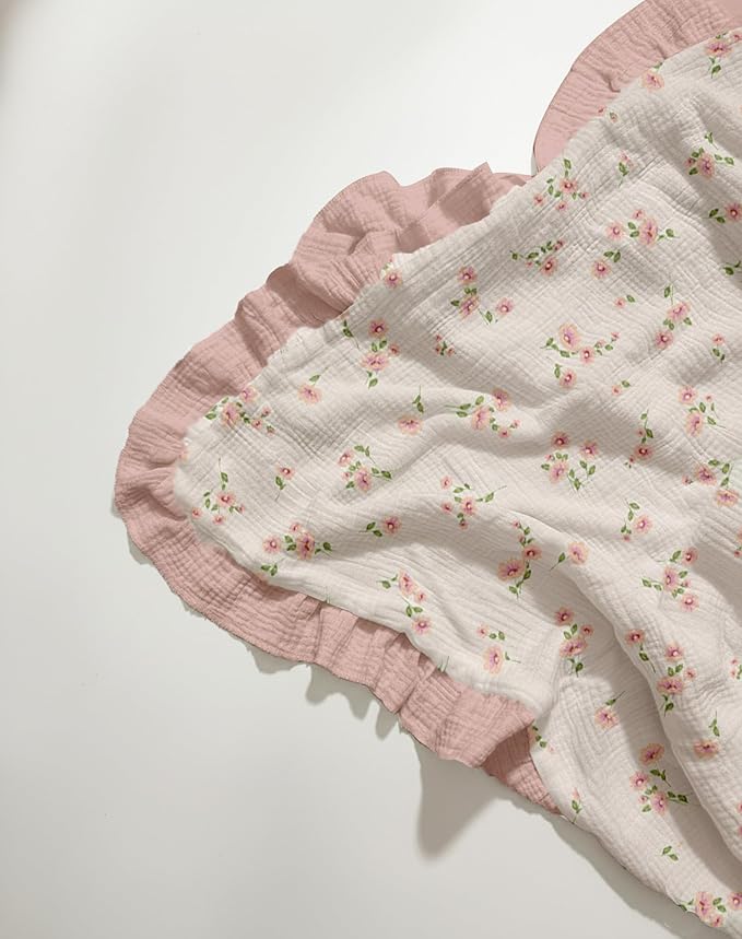 Muslin Ruffled Baby Blanket, Extra Large 52 x 52 Inches, Soft Breathable Cotton Crib Blanket for Newborn Infant Toddler (Rosy-Ruffled, Printed)