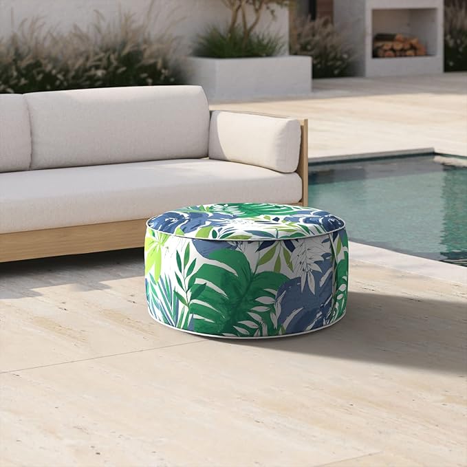 Inflatable Ottoman Stool D21 xH9 for Outdoor/Indoor Use, Water Repellent Patio Foot Rest with Portable Handle,Round Pouf Ottoman Suitable for Garden,Deck and Camping - Islamorada Blue Green