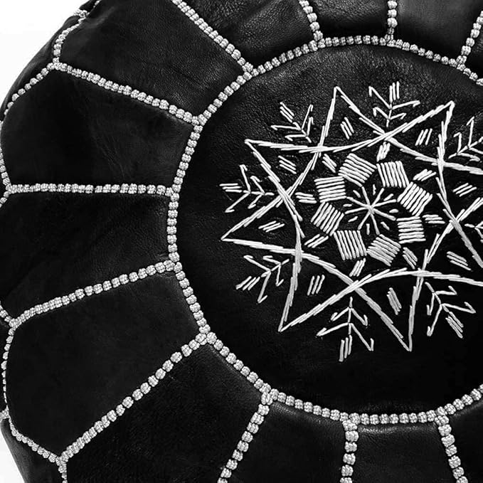ARTOUARZAZATE Premium Moroccan Leather Pouf Cover, Ottoman Footstool Hassock 100% Real Natural Leather pouffe, Home Gifts, Wedding Gifts, Foot Stool (Black by White)
