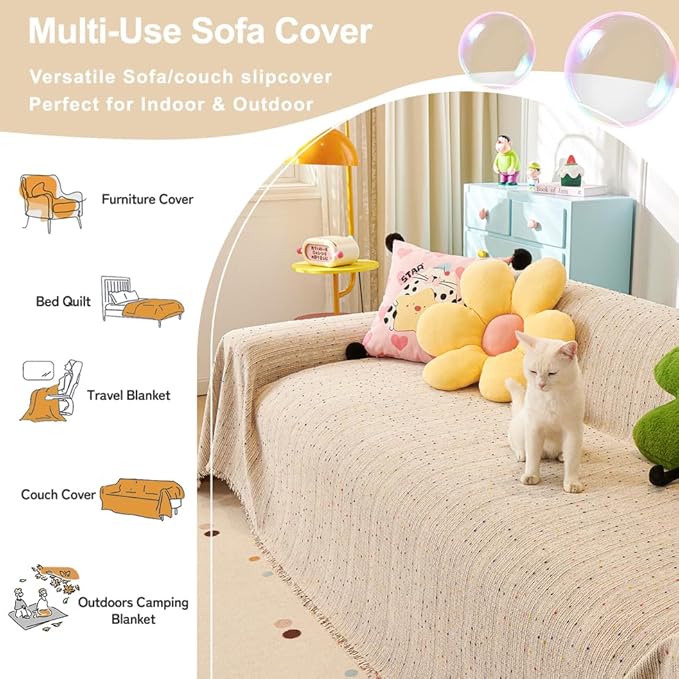 ROOMLIFE Boho Rainbow Coffee Couch Covers for 3 Cushion Sofa, Chenille Sofa Slipcovers Cover for Dog, Washable Furniture Sofa Protector Cover Soft Blanket with Tassel for Living Room, 71''X134''