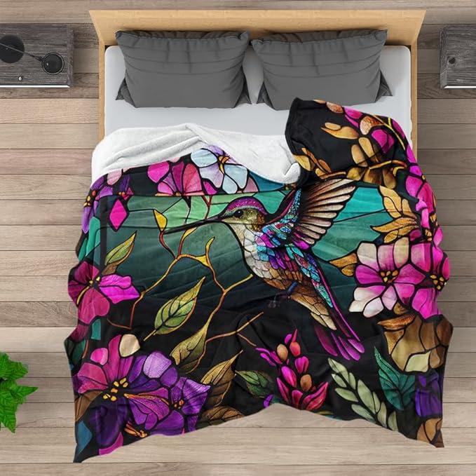 Hummingbird Floral Blanket Gifts for Women Kids Girls Mom Farmhouse Pink Flowers Bird Throw Blankets Home Bedroom Mother's Day Decor Soft Cozy Lightweight Plush Throw Blanket 30"x40"