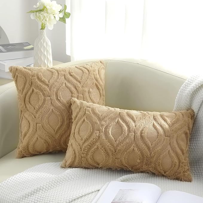 decorUhome Cozy Textured Throw Pillow Covers 12x20 Inch Set of 2, Soft Plush Faux Wool Light Brown Accent Couch Pillow Covers for Modern Farmhouse Sofa Bed Living Room