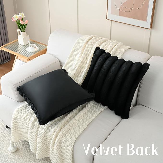FUTEI Black Decorative Throw Pillow Covers 16x16 Inch Set of 2, Square Soft Faux Rabbit Fur Thick Striped Cushion Cover,Spring Home Decor for Couch Bed Living Room
