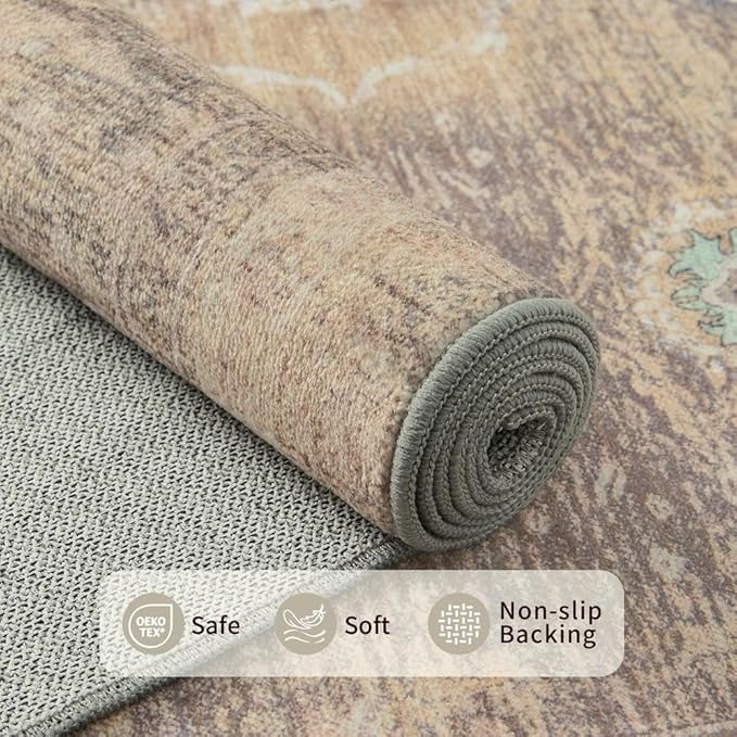 Beige Rug 5x7 Neutral Area Rugs for Living Room Bedroom, Washable Vintage Floral Retro Boho Non Slip & Low Pile Carpet for Indoor Dining Room and Kids Room(Beige 5x7ft)