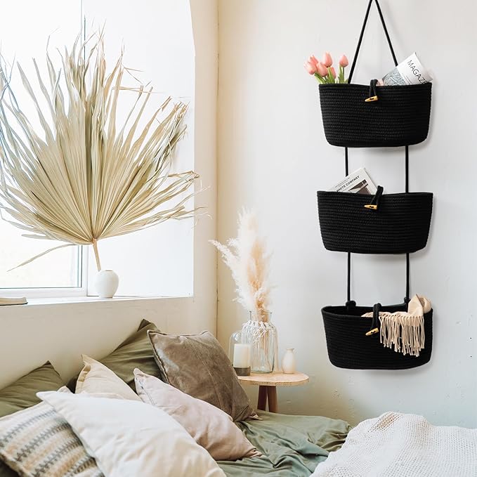 TeoKJ Over the Door Hanging Baskets with Button Strap, 3-Tier Woven Cotton Storage Organizer Bag, Wall-Mounted with Hook Decorative Hanging Nursery Baskets - Black
