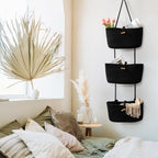 TeoKJ Over the Door Hanging Baskets with Button Strap, 3-Tier Woven Cotton Storage Organizer Bag, Wall-Mounted with Hook Decorative Hanging Nursery Baskets - Black