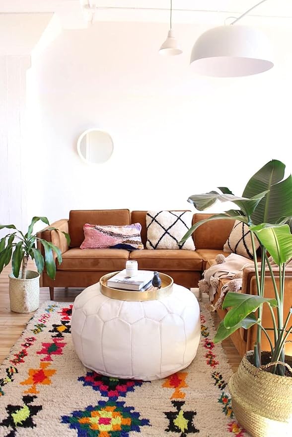 ARTOUARZAZATE Premium Moroccan Leather Pouf Cover - Round & Large Ottoman Footstool Cover with Embroidery - Cover ONLY - Perfect for The Living Room Bedroom, Kids Room, Gift & Wedding (White)