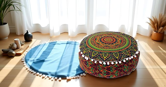 CRAFT KALA Large Hippie Mandala Meditation Floor Ottoman Pillow Cushion Pouf Cover Square Poufs Bohemian Circle Floor Cushion Case Outdoor Fireplace Yoga Living Room Decor Cover New Blue, 18" Round