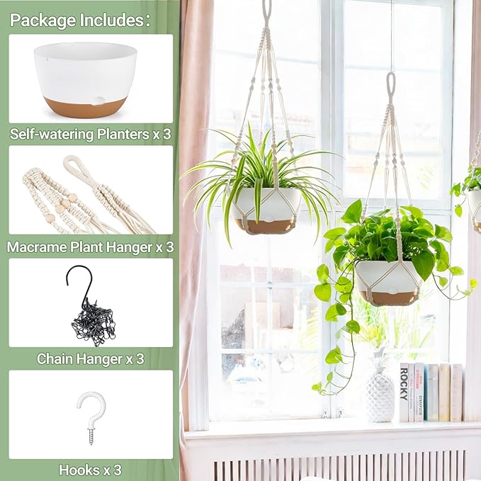 Mkono Set of 3-10 Inch Hanging Planters for Indoor Plants with Self Watering, Outdoor Hanging Plant Pot with Macrame Plant Hangers, 2 Kinds Hanging Basket for Garden Home Ceiling Window Decor