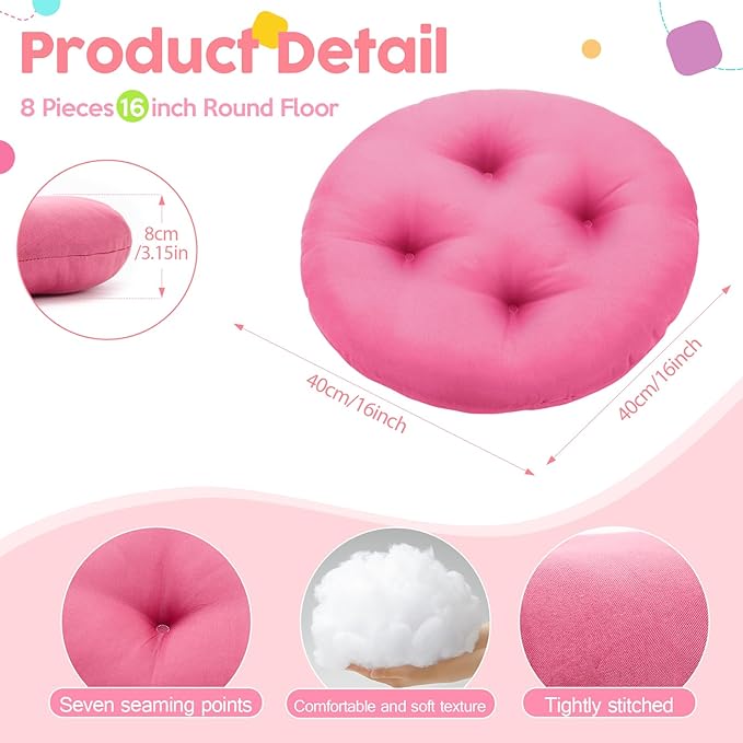 8 Pcs 16 Inch Floor Cushions for Kid, Flexible Seating for Classroom Elementary, 3.15 in Thick Round Floor Pillow, Back to School Furniture for Daycare Preschool Meditation(Bright Color)