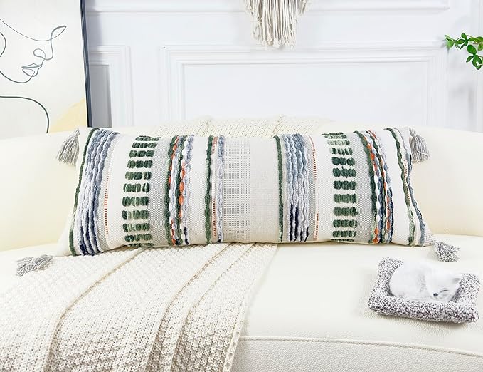 Chenille and Cotton Long Pillow for Bed, Striped Textured Boho Lumbar Throw Pillow Cover 14x36, Neutral Accent Decorative Extra Long Body Pillow Case for Couch, Sofa, Bedroom, Sage Green