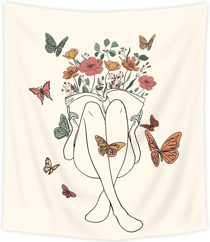 SVBright Abstract Woman Fabric Wall Hanging Tapestry 51Wx59H Inch Boho Butterfly Floral Reading Book Minimalist Aesthetic Modern Simple Line Sketch Beige Home Decor Art for Living Room Bedroom Dorm