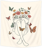 SVBright Abstract Woman Fabric Wall Hanging Tapestry 51Wx59H Inch Boho Butterfly Floral Reading Book Minimalist Aesthetic Modern Simple Line Sketch Beige Home Decor Art for Living Room Bedroom Dorm