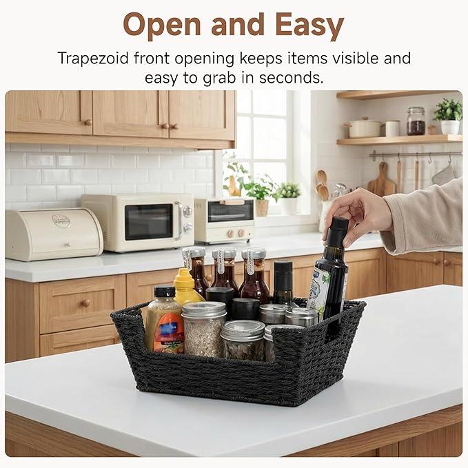 StorageWorks Wicker Storage Basket, Pantry Organizers and Storage, Stackable Storage Baskets for Shelves, Paper Rope Baskets for Organizing, Black