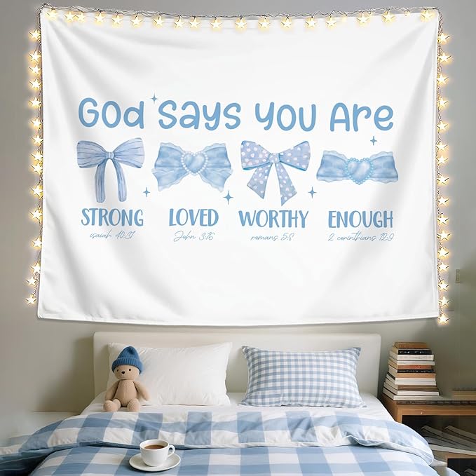 LIANGW Preppy Blue Bow Christian Tapestry, God Says You Are Inspirational Scripture Wall Art, Bible Bow Aesthetic for Girls Bedroom for Dorm Room, Based Blue Room Decor Aesthetic 50x60 inch