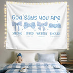 LIANGW Preppy Blue Bow Christian Tapestry, God Says You Are Inspirational Scripture Wall Art, Bible Bow Aesthetic for Girls Bedroom for Dorm Room, Based Blue Room Decor Aesthetic 50x60 inch