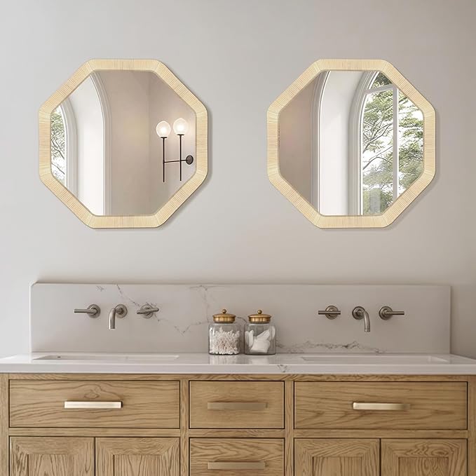 ULIKE Rattan Wicker Mirror for Wall,Boho Woven Bathroom 24 Inch Rustic Farmhouse Wall Decor with Handmade Rattan Frame, Boho Mirror for Nursery Bedroom Living Room Entryway