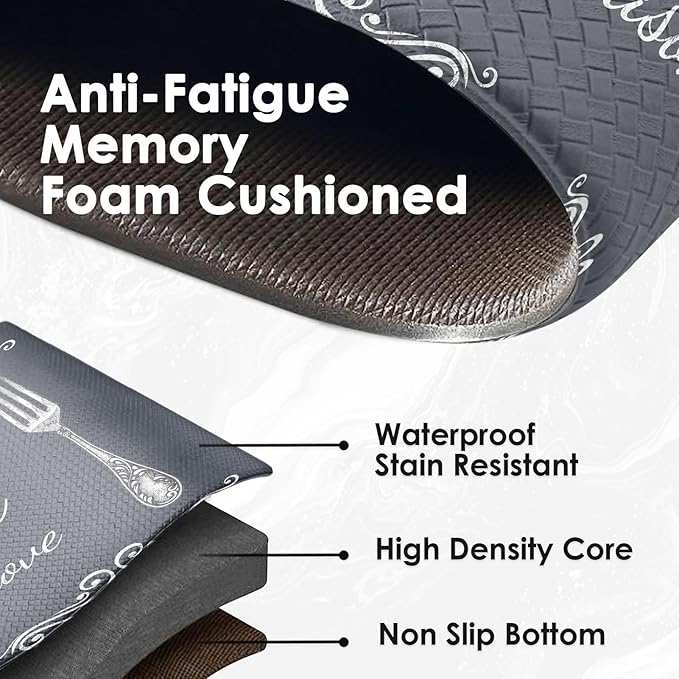 Arttown Grey Farmhouse Anti-Fatigue Kitchen Rug Set of 2 Knife Fork Rustic Vintage Cushioned Floor Standing Mat Waterproof Non-Slip Kitchen Mat and PVC Ergonomic Comfort Foam Rug