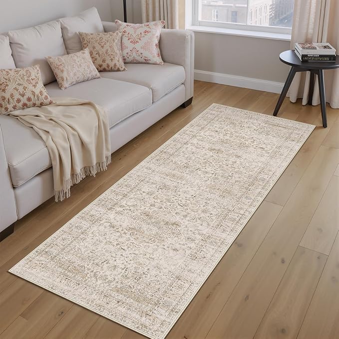 2x6 Washable Beige Runner Rug Vintage Hallway Kitchen Carpet Non-Slip Soft Low Pile Distressed Throw Rug for Bedroom Bathroom Laundry Living Room