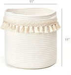 Mkono Macrame Decorative Cotton Rope Basket Boho Nursery Decor Small Cute Woven Tassel Closet Storage Bins Organizer for Baby Toys,Magazines, Potted Plants Cover,Living Room,Bedroom, 11"x11"