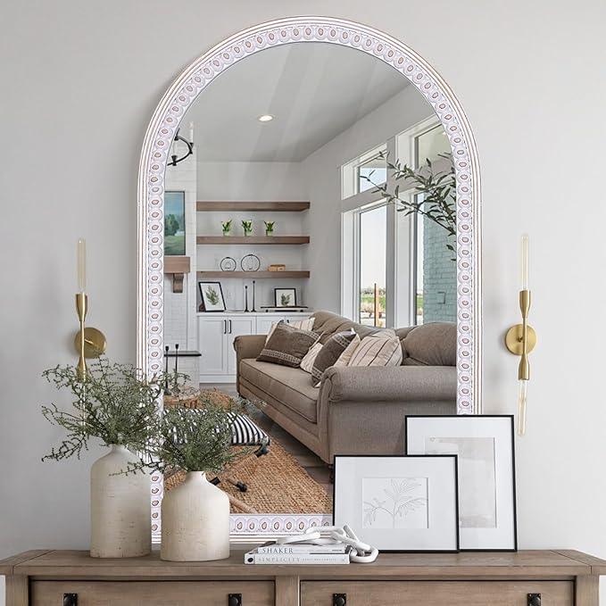 36x24 Inches Boho Arched Mirror for Wall Decor, Rustic Farmhouse Decorative Wooden Mirrors for Bathroom Over Sink, Living Room, Entryway, or Foyer