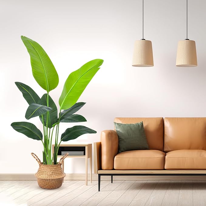 Bird of Paradise Plant Artificial 4ft, Faux Banana Leaf Tree with 9 Trunks in Pot and Woven Seagrass Belly Basket - The Perfect Silk Faux Plant for Indoor Outdoor House Living Room Decor