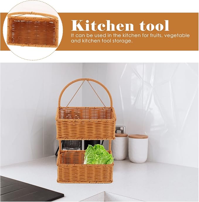 OUNONA Wall-Mounted Imitation Rattan Woven Basket 14.96X8.26X4.72In Hanging Storage Organizer for Kitchen Bathroom Fruits Vegetables Toiletries Space-Saving