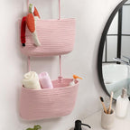 TeoKJ 3-Tier Wall hanging Storage Bags, Over the Door Organizer, Decorative Cotton Rope Hanging Baskets, Pink