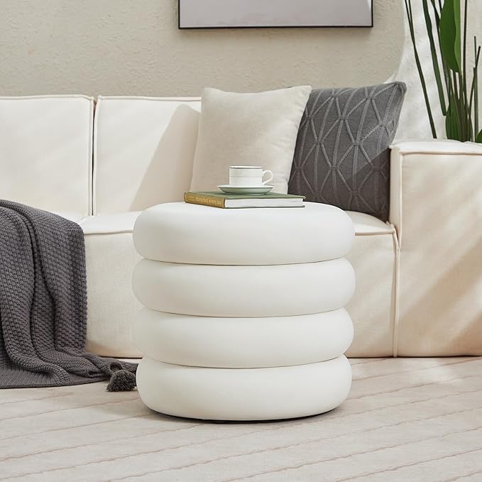 Velvet Storage Ottoman Set of 2, Compact Round Tufted Pair with Removable Lids for Lounge, Dorm and Entryway, Velvet White