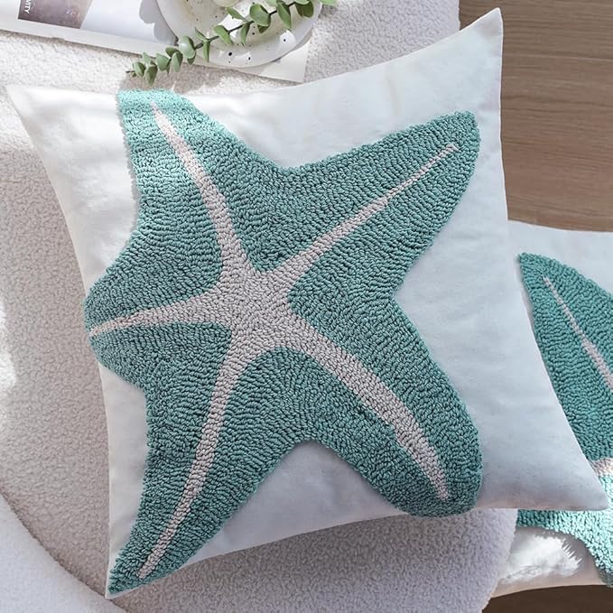 Tufted Starfish Throw Pillow Cover Set of 2, 18x18 Inch Beachy Coastal Decor Pillows for Couch Bed Sofa, Soft Canvas Decorative Pillow Covers with Ocean Theme Accent, Sea Star Tufting Pillowcases